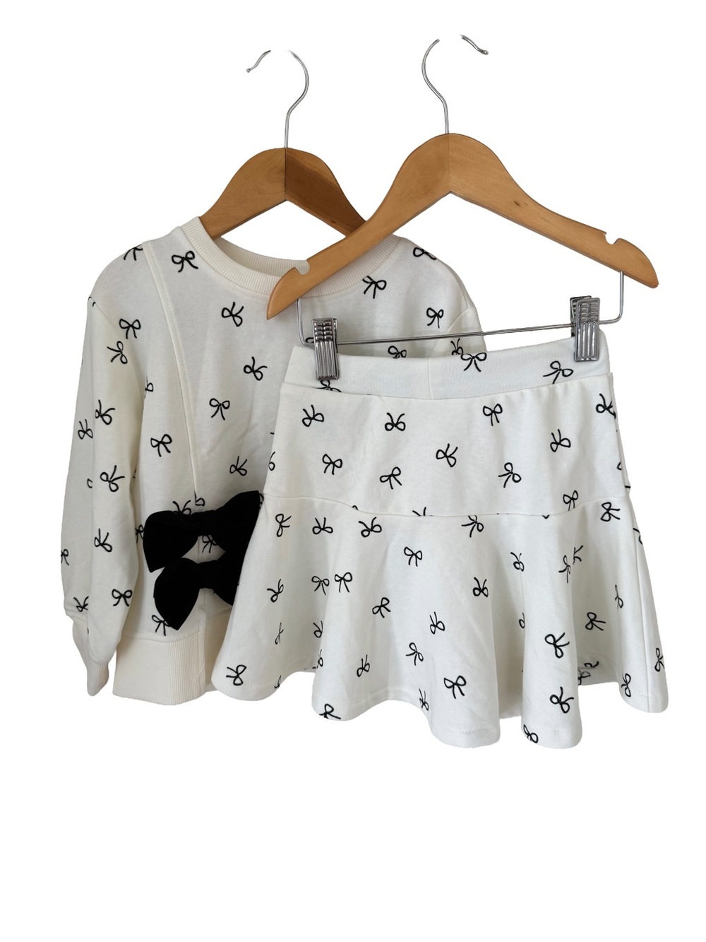 H&M White Skirt and Crew Matching Set with Black Bow Motif- 3/4T